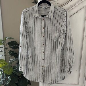 Duluth Trading Artisan Hemp Top Womens M White with Blue Button Up Tunic Striped